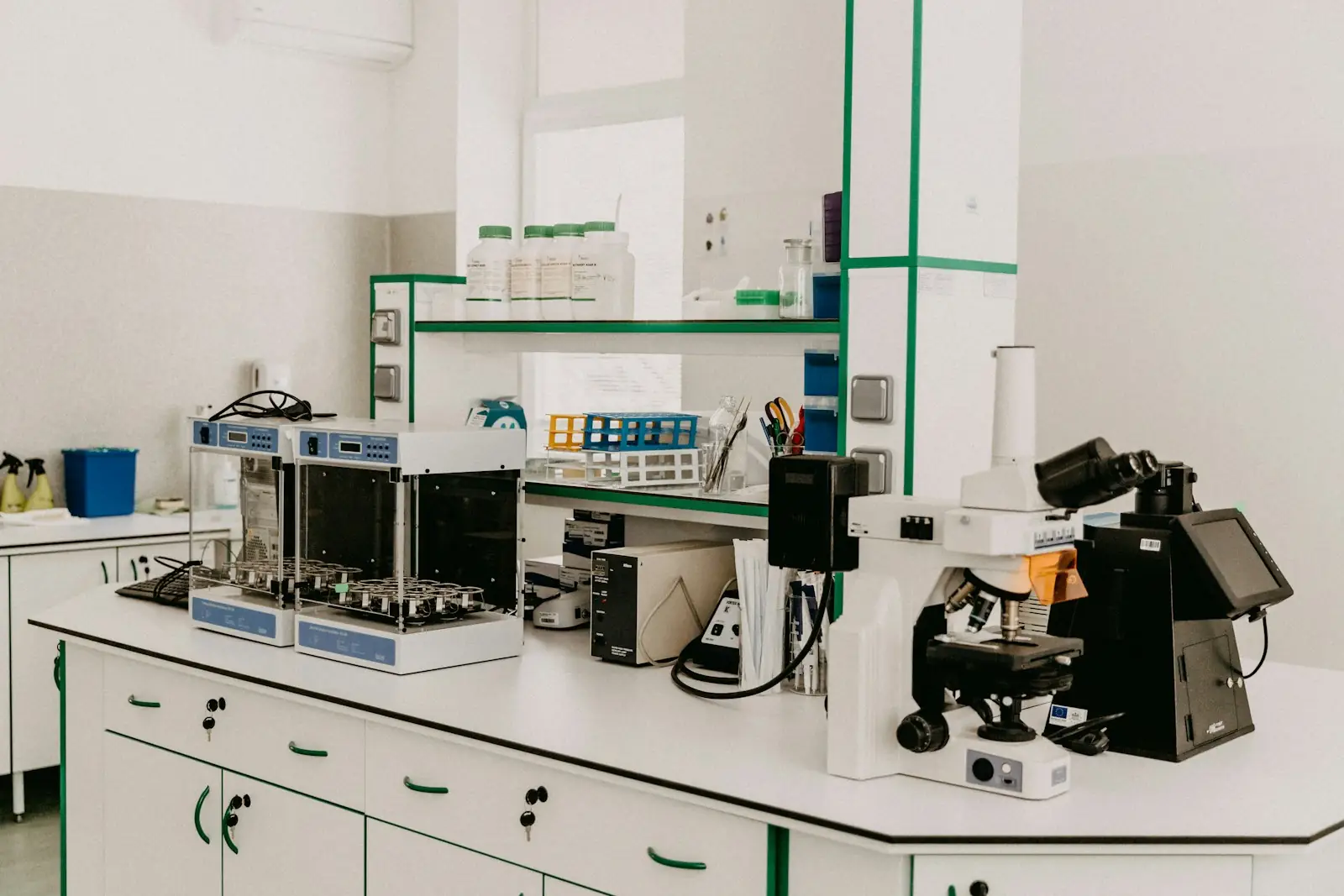 A laboratory bench with a microscope